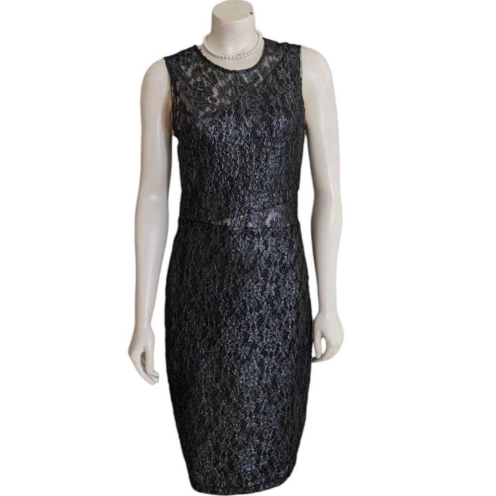 Parker Gunmetal Gray Metallic Lace Illusion Sheath Dress Size Large